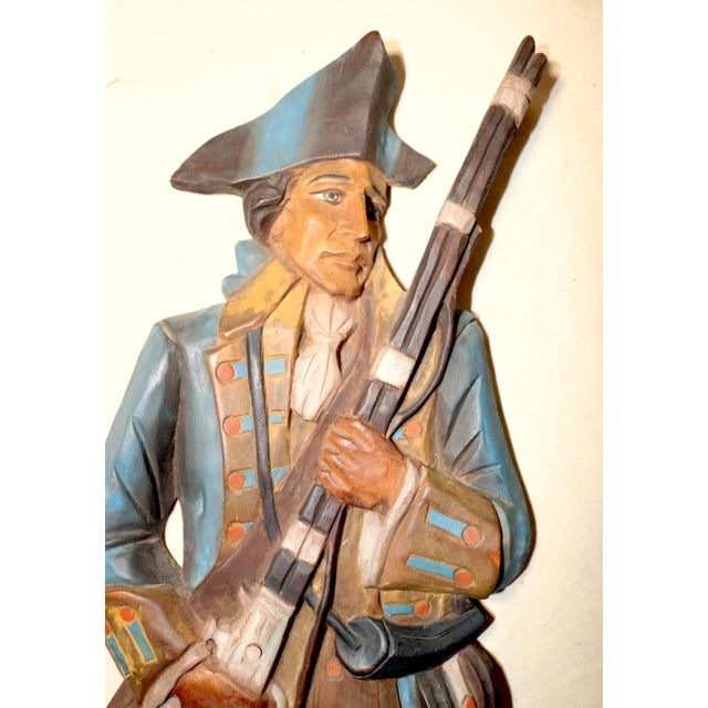 Folk Art Vintage Hand Carved Painted Wood Revolutionary War Military Wall Sculpture For Sale - Image 3 of 10