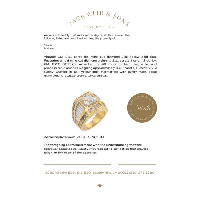 Gold Vintage Gia 2.11 Carat Old Mine Cut Diamond 18k Yellow Gold Ring, Size 5.75 For Sale - Image 8 of 8