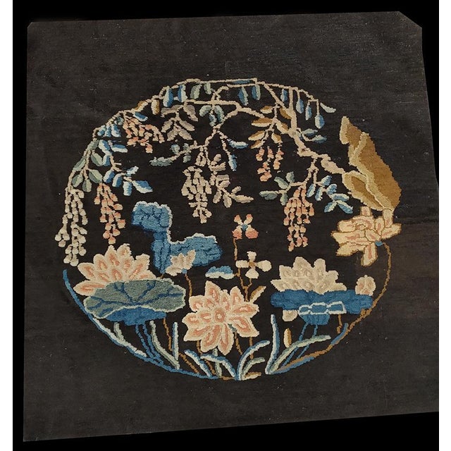 1890s Black Floral Medallion Antique Chinese Peking Rug 3'6" X 3'6" Hand Knotted Wool Carpet For Sale - Image 4 of 6