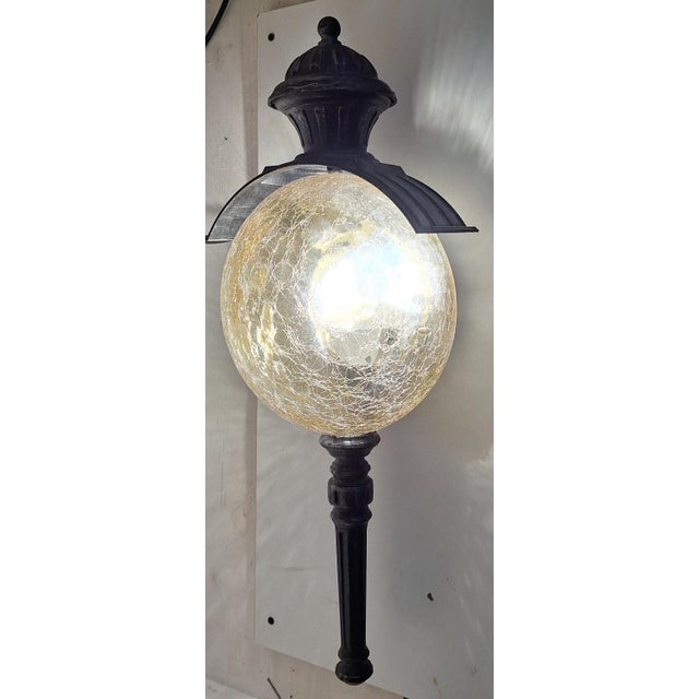 1970s Vintage Rustic Wall Lamp with Black Patinated Metal Frame and Amber-Colored Glass Shade, 1970s For Sale - Image 5 of 9