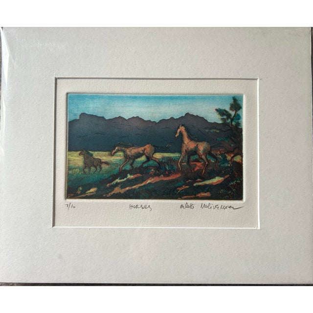 Original, hand colored etching of horses, entitled “ Horses”. Signed by the artist, ‘Arlette Malivernier’, to the lower...