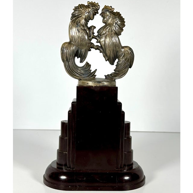Early 20th Century Fighting Roosters Automobile Radiator Mascot Hood Ornament on Bakelite Trophy Base For Sale - Image 6 of 10