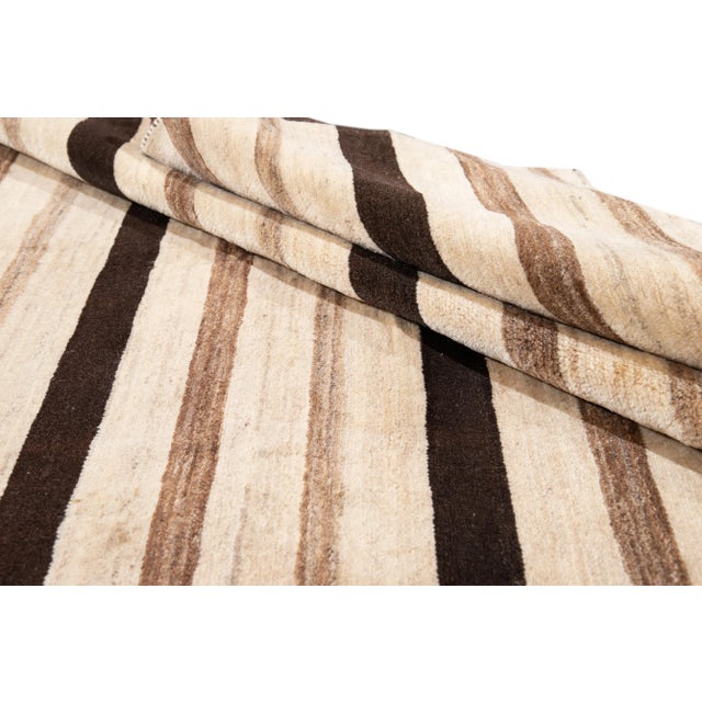 2010s Beige Striped Modern Gabbeh Handmade Wool Rug For Sale - Image 5 of 7