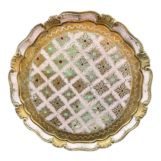 Vintage Italian Pink & Gold Florentine Tray For Sale