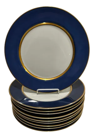 Late 20th Century Set of 10 Fitz and Floyd Renaissance Cerulean Blue Porcelain Service Plates