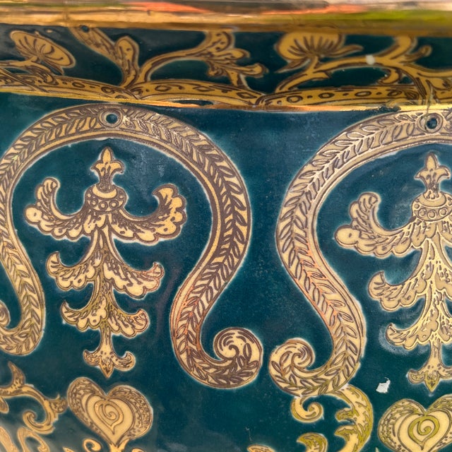 Gold Antique Very Large Chinoiserie Enameled Porcelain Emerald Green With 24k Gold Koi Fish Planter/Jardiniere For Sale - Image 8 of 12