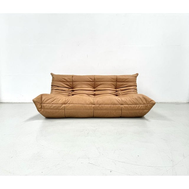 French 3-Seater Togo Sofa in Camel Leather attributed to Michel Ducaroy for Ligne Roset For Sale - Image 9 of 12
