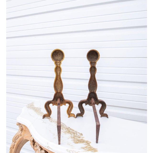 Early 20th Century Cast Iron Fireplace Andirons With Gold Enamel From the 1920's, Pair For Sale - Image 5 of 10