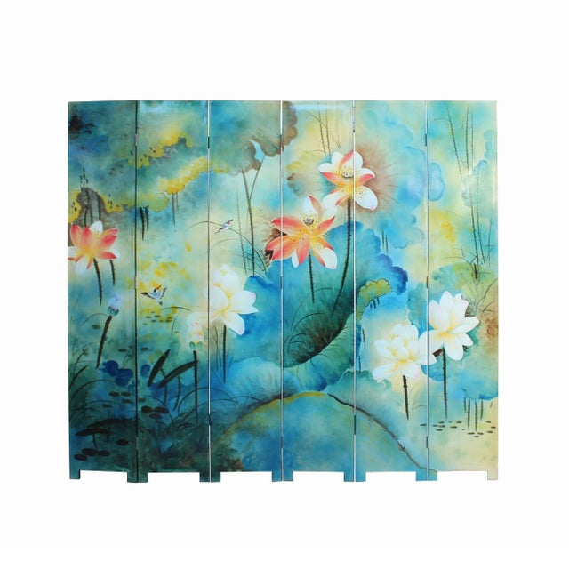 Water Ink Style Blue Lotus Pond Flower Birds Theme Graphic Screen For Sale - Image 9 of 9