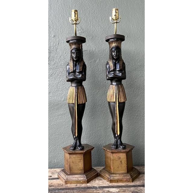 Mid-Century Modern Vintage Monumental Ebonized Pharaoh Table Lamps - A Pair For Sale - Image 3 of 12
