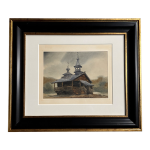 Antique Russian Wooden Church Chromolithograph – c.1890–1920 Architectural Study Print | Matted & Framed