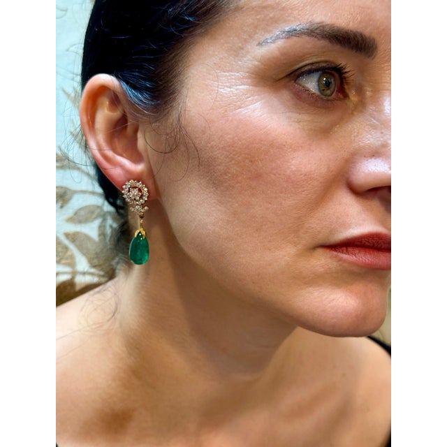 GIA Certified 28 Ct Emerald Cabochon & Diamond Drops Hanging Earrings 14 KYG For Sale - Image 14 of 18