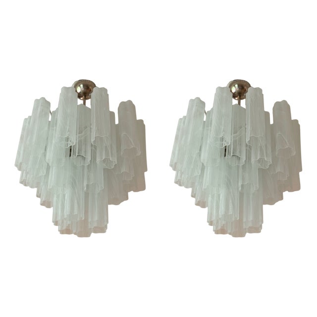 White Swirled Marbled Murano Glass Tronchi Chandeliers, Set of 2 For Sale