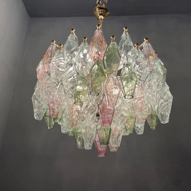 Italian Murano Glass Polygon Chandelier Composed of green pink and clear polygons. Features 8 lights White metal frame...