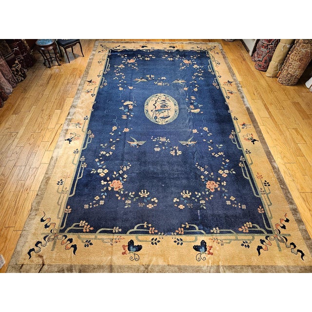 Blue Vintage Chinese Art Deco Oversize Rug, Wool Pile, Pagoda Design, 12' X 20' For Sale - Image 8 of 16