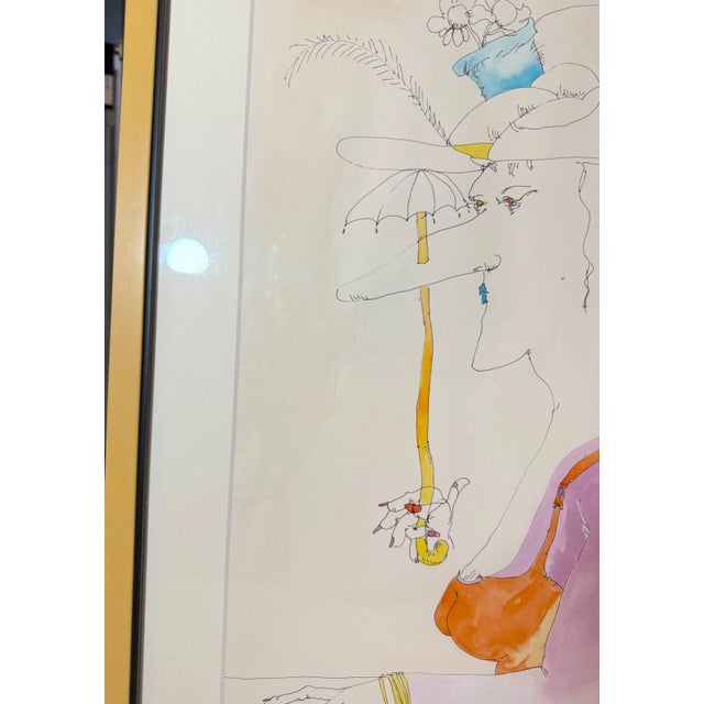 Vintage French Whimsical Elder Lady With Hat Mixed Media Drawing Sketch Art For Sale - Image 4 of 15