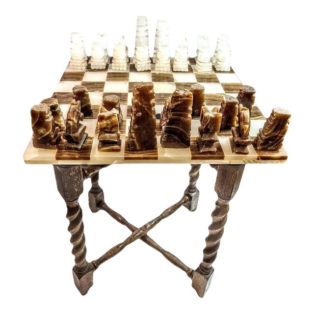 1980s Rare and Distinct Handcrafted Onyx and Marble Chess Set on Jacobean Style Wooden Frame For Sale