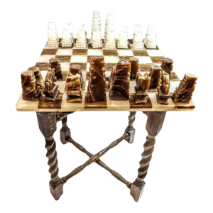 1980s Rare and Distinct Handcrafted Onyx and Marble Chess Set on Jacobean Style Wooden Frame