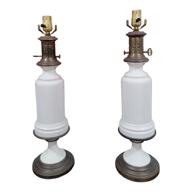 1980s Creamy White and Brass Table Lamps by Paul Hanson - a Pair For Sale