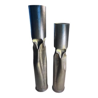 1970s Pair of Mid-Century Brutalist Patinated Bronze Sculptural Candleholders For Sale