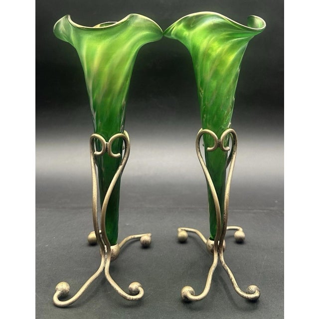 Antique Victorian Glass Epergne Trumpet Horn Vase Green Opaline Metal Base Pair For Sale - Image 17 of 17