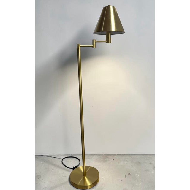 Mid-Century Modern Ralph Lauren Adjustable Pharmacy Floor Lamp in Satin Gold Brass W/ Metal Shade For Sale - Image 3 of 6