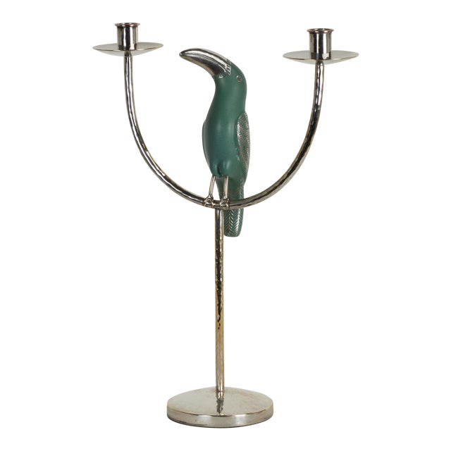 Vintage Silver Plate Candelabra With Toucan by Emilia Castillo For Sale