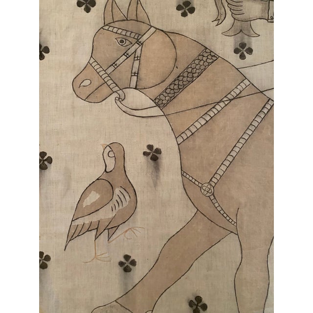Textile Vintage Indian Hand-Painted Cotton Wall Hanging With Horseman Motif, 44” For Sale - Image 7 of 10