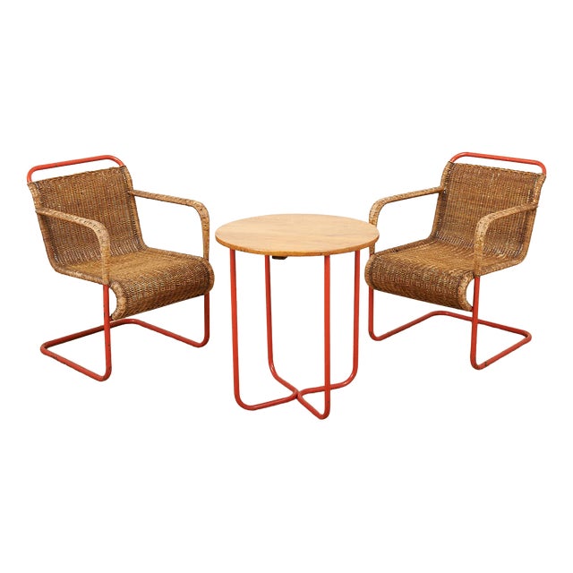 Side Table with Armchairs in Red Lacquered Tubular Steel, 1920s, Set of 3 For Sale