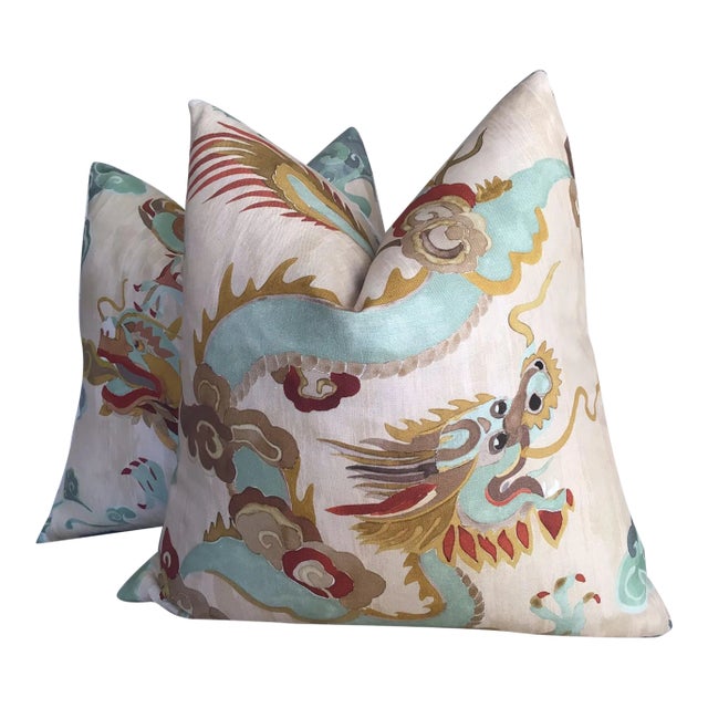 Carlton V “Puff” in Jade and Gold Down-Filled 20" Pillows - a Pair For Sale