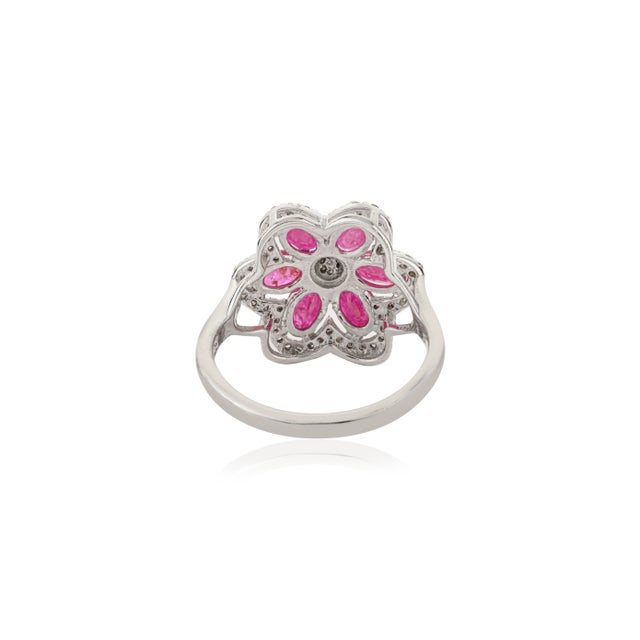 Not Yet Made - Made To Order Handcrafted 925 Siver Oval Cut Ruby & Halo Diamond Flower Cocktail Ring - Size 7 For Sale - Image 5 of 10