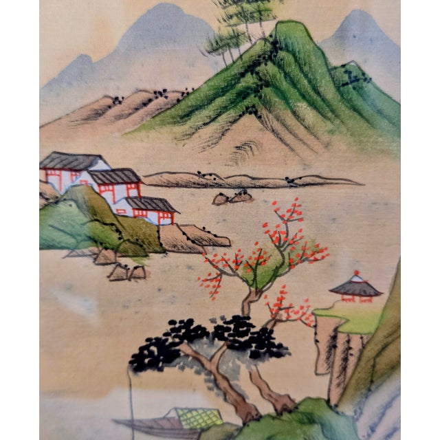 Mid 20th Century Chinese Silk Watercolor Mountain Landscape With Houses and Trees For Sale - Image 4 of 8