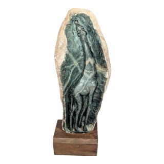 African Shona Figural Sculpture of Carved Giraffe Signed Illegibly in a Green Opal Stone For Sale