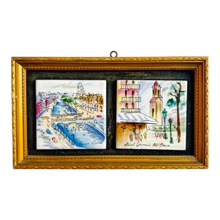 Late 20th Century Hand-Painted Framed Ceramic Tiles - Paris River Seine & Saint Germain Des Prés Street Scenes For Sale