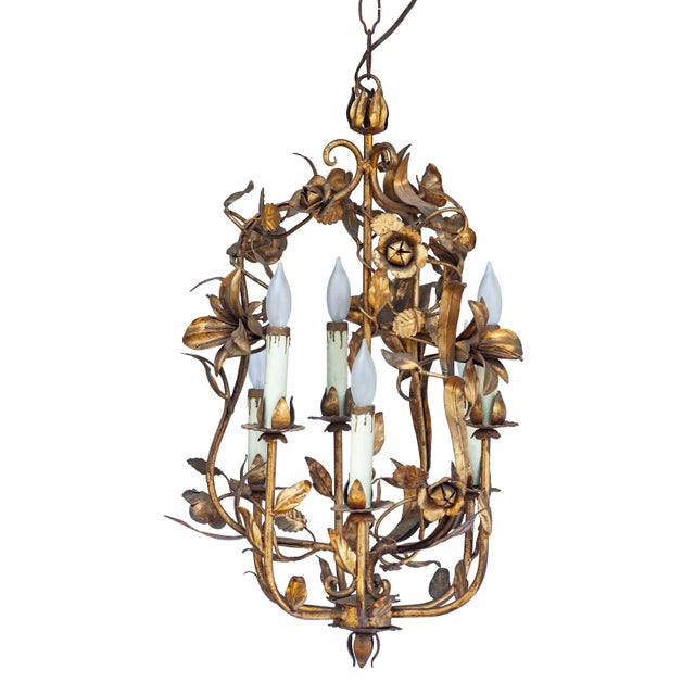 Antique Italian Tole Gold Painted Chandelier For Sale - Image 4 of 12