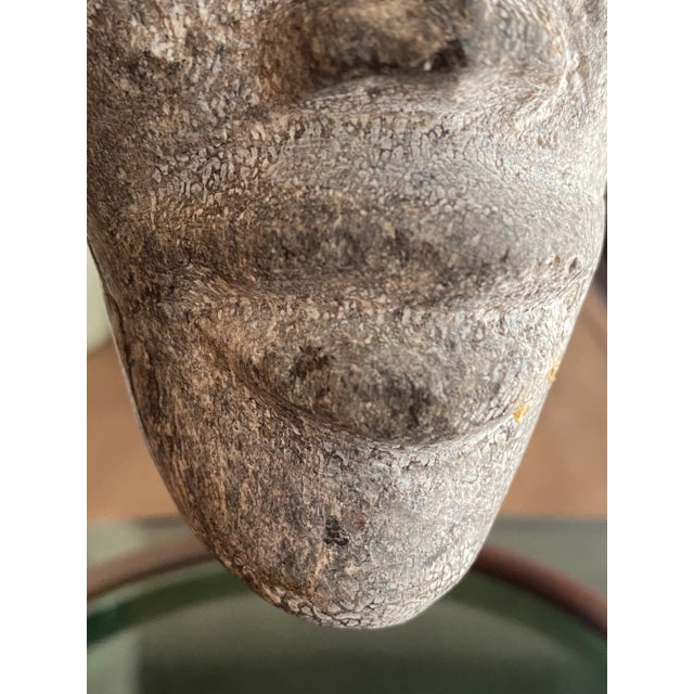 Surrealist Carved Stone Face Sculpture Steel Base Tribal Style Raw Wood Pedestal For Sale - Image 17 of 17