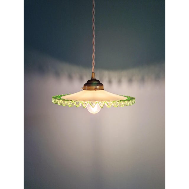 1920s Art Deco Pendant Light in White Opaline Glass and Uranium Glass, France, 1920s For Sale - Image 5 of 12