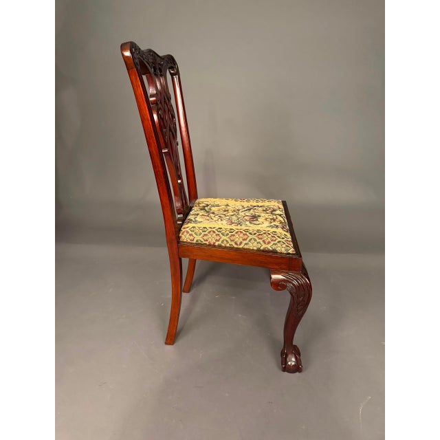 Oxblood Red Antique Chippendale Style Mahogany Side Chair Set of 4 With Floral Upholstery, C. 1890 For Sale - Image 8 of 16
