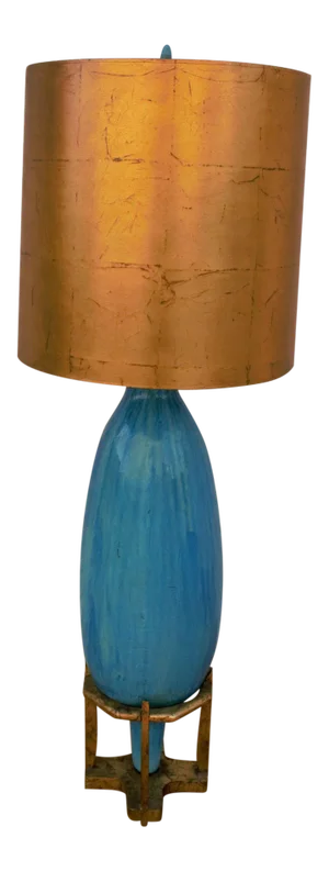 Vintage Regency Oversized Turquoise Table Lamp With Gold Lamp Shade