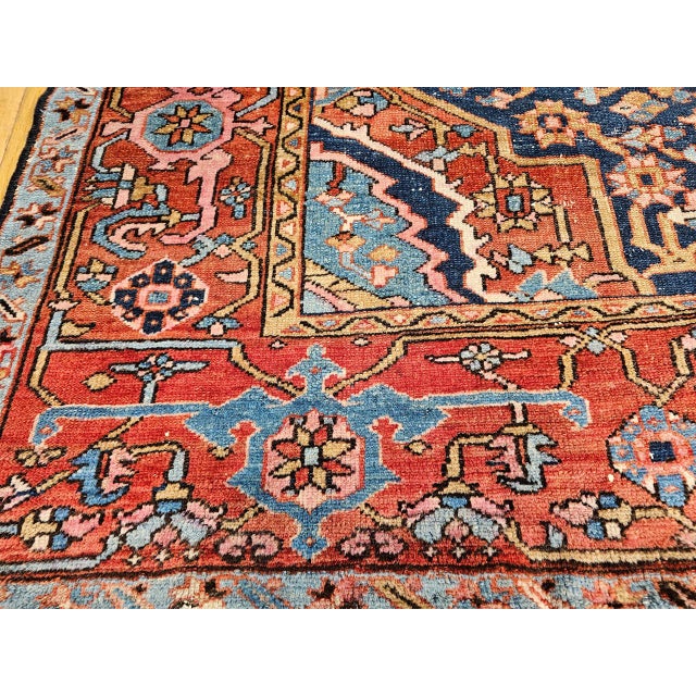 Persian 19th Century Persian Heriz Serapi Rug, Hand-Knotted Wool, Allover Geometric Pattern, Blue & Red, 8x11 For Sale - Image 3 of 18