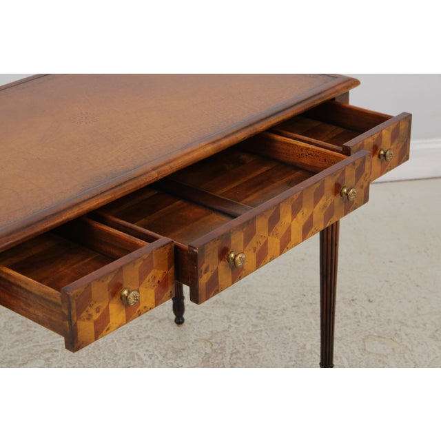 Theodore Alexander Theodore Alexander Attributed Marquetry Inlaid Leather Top Writing Desk For Sale - Image 4 of 17
