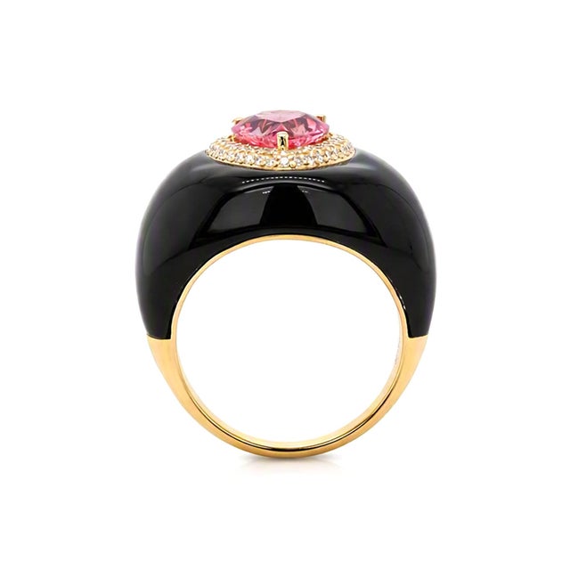 A striking modern‑elegant ring showcases a vibrant 2.72ct pink tourmaline surrounded by 0.25ct of pavé diamonds, its...