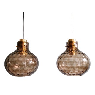 Brass and Smoked Blown Glass Pendant Lights from Glashütte Limburg, 1970, Set of 2 For Sale