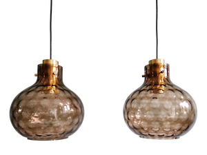 Brass and Smoked Blown Glass Pendant Lights from Glashütte Limburg, 1970, Set of 2
