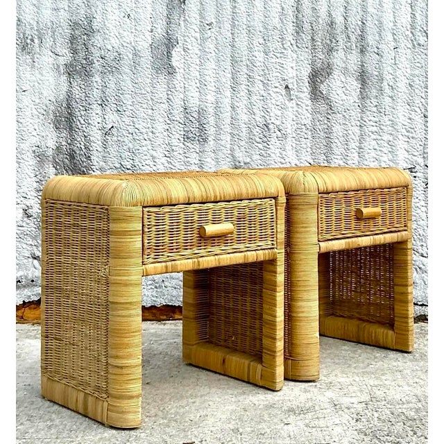 Vintage Coastal Woven Rattan Nightstands - a Pair For Sale - Image 11 of 16