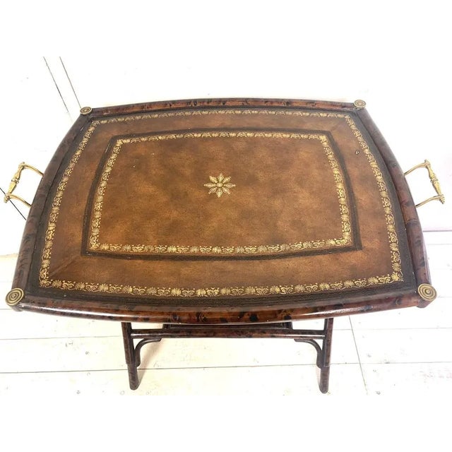 Antique Bamboo Leg Butler Table with Leather Print Tray For Sale - Image 3 of 18
