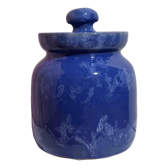 Vintage Bybee Pottery Cobalt Blue Lidded Honey Pot For Sale