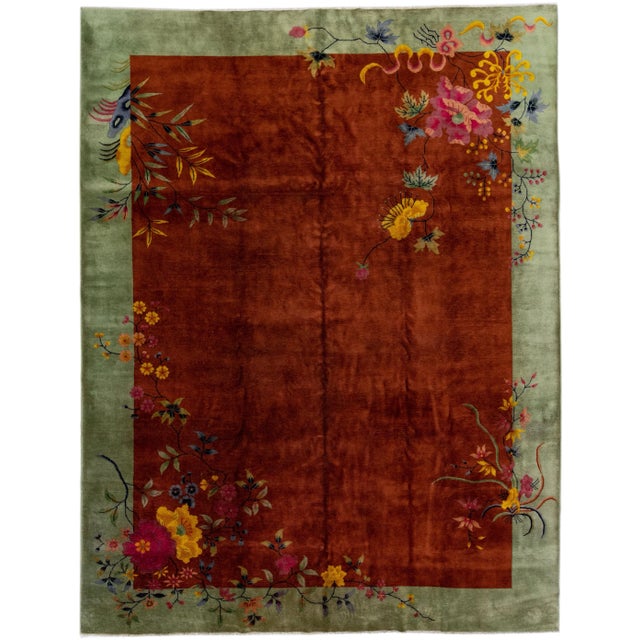 Textile Antique Chinese Art Deco Handmade Brown & Green Wool Rug With Traditional Motif For Sale - Image 7 of 7