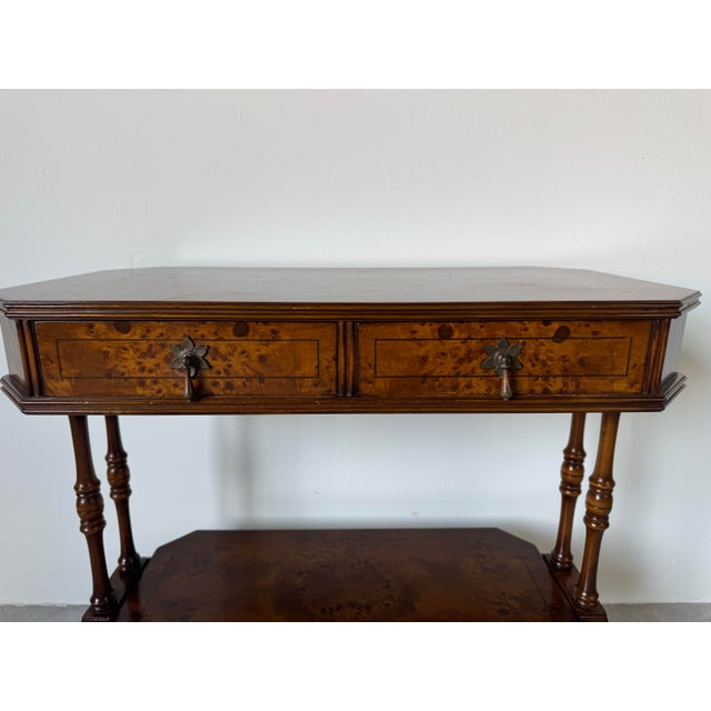 Brown SOLDHollywood Regency Burl Walnut Small Console Table With Two Dovetailed Drawers & Lower Shelf For Sale - Image 8 of 12