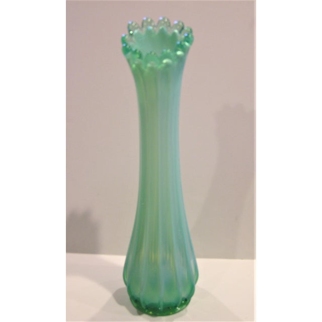 1960's Vintage Fostoria "Heirloom" Green Opalescent Ruffle Top Swung Vase Chairish